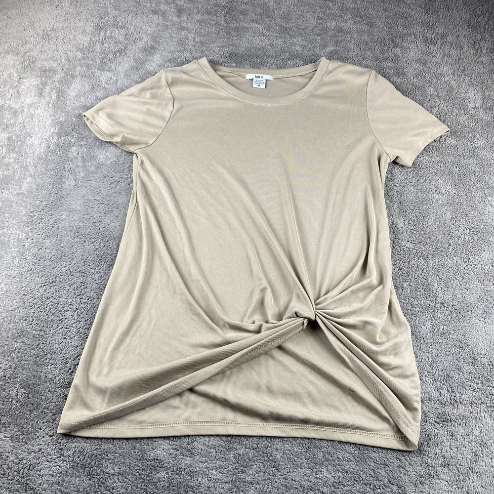 Bar III Ribbed Knitted Twist Shirt Womens‎ XS Beige Short Sleeve Crew Neck